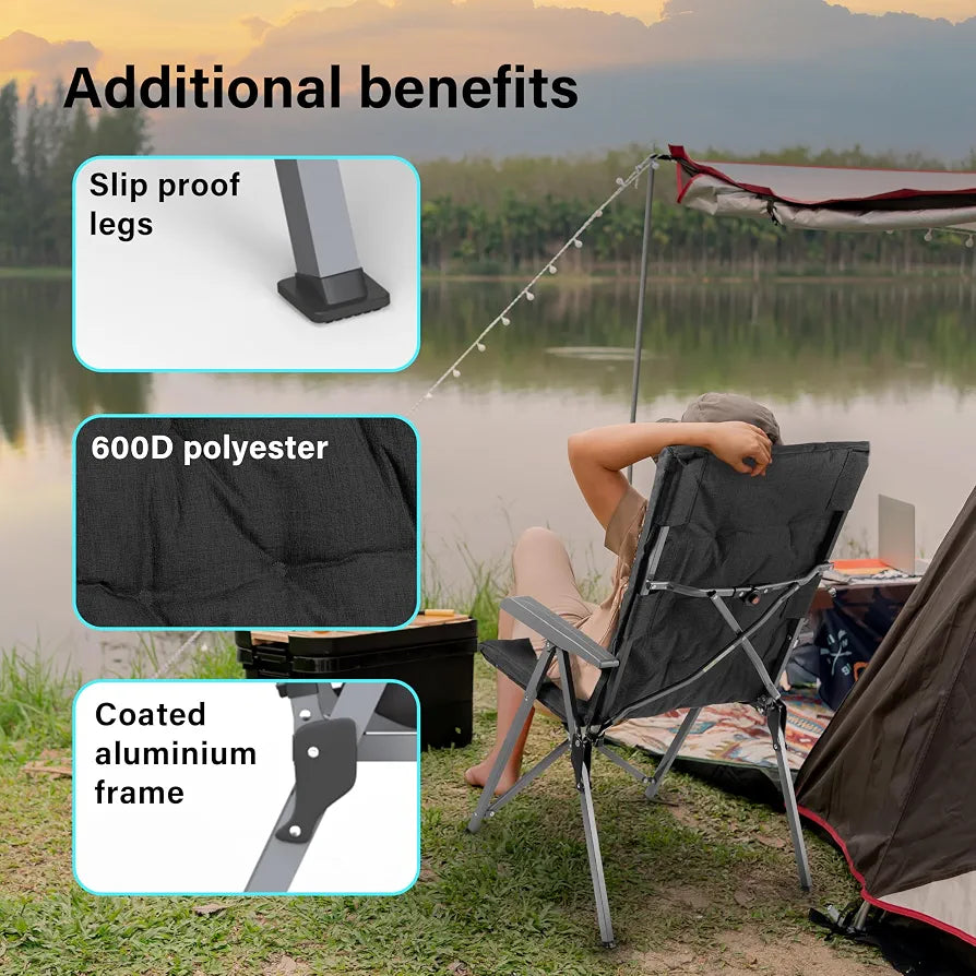 Luxury Adjustable Camping Chair for Adults Heavy Duty Outdoor 4-Position High Back Oversized Garden Padded Folding Chair for Caravan Dining Beach Picnic Fishing 150kg Load Capacity Black