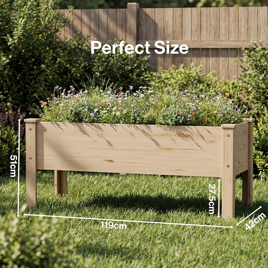 Natural Raised Bed for Garden, Wooden Elevated Rectangle Planter Box for Vegetables Flowers Herbs Gardening, 119x42x51 cm