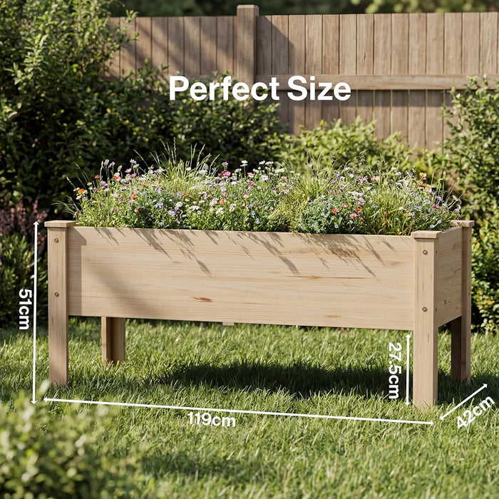 Natural Raised Bed for Garden, Wooden Elevated Rectangle Planter Box for Vegetables Flowers Herbs Gardening, 119x42x51 cm
