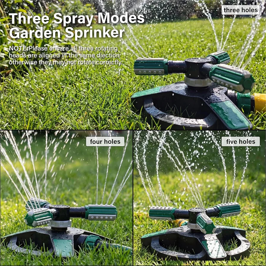Garden Sprinkler with Spikes | 3 Spray Patterns | 360° Lawn Watering Sprinklers | 3 Arms Adjustable Water Sprinkler | Large Spray Coverage for Garden Plants Irrigation