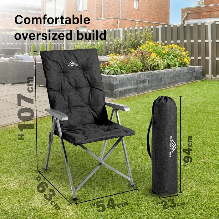 Luxury Adjustable Camping Chair for Adults Heavy Duty Outdoor 4-Position High Back Oversized Garden Padded Folding Chair for Caravan Dining Beach Picnic Fishing 150kg Load Capacity Black