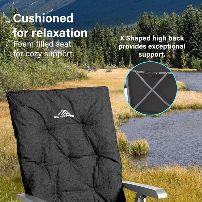 Luxury Adjustable Camping Chair for Adults Heavy Duty Outdoor 4-Position High Back Oversized Garden Padded Folding Chair for Caravan Dining Beach Picnic Fishing 150kg Load Capacity Black
