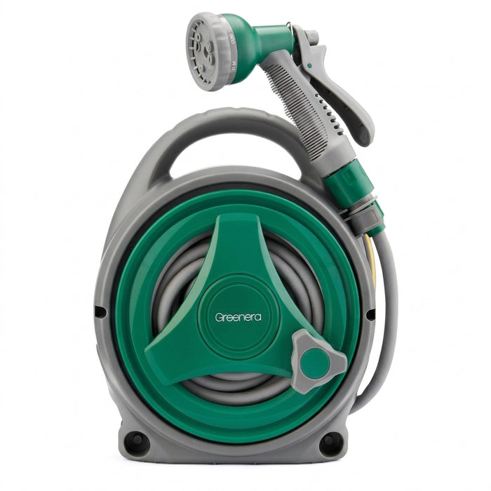 Compact Manual Garden Hose Reel 14m – 8-Pattern Spray Gun