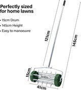 Rolling Lawn Aerator Roller with Steel Spikes, Heavy Duty Garden Soil Aerator, Manual Push Aeration Tool with 3 Piece Handle, 41x15x145cm - Green