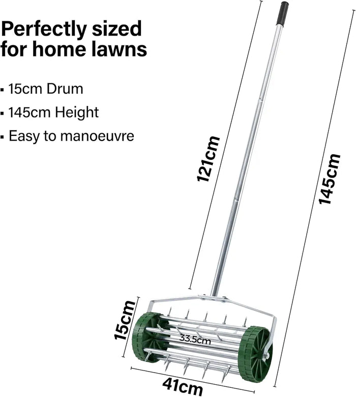 Rolling Lawn Aerator Roller with Steel Spikes, Heavy Duty Garden Soil Aerator, Manual Push Aeration Tool with 3 Piece Handle, 41x15x145cm - Green