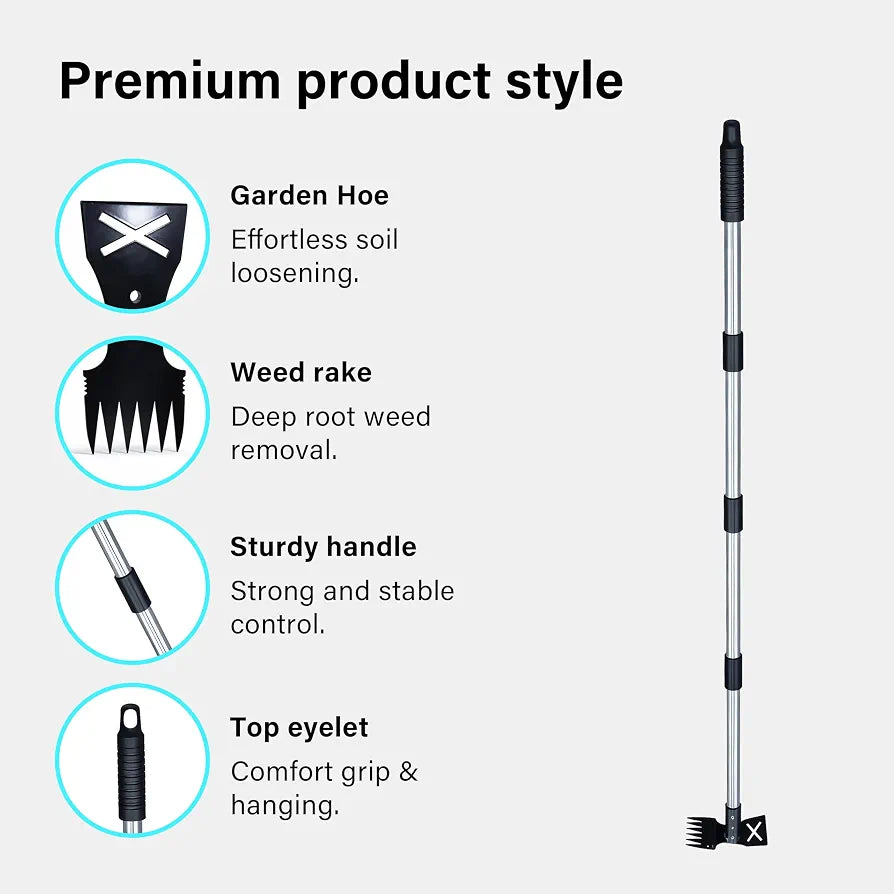 Weed Puller Tool with Long Handle, 148cm Weed Remover, 2-in-1 Gardening Hand Tools with Glove, Weeder Rake & Garden Hoe Combo, Manual Weeding Tool for Garden Yard Patio Lawn