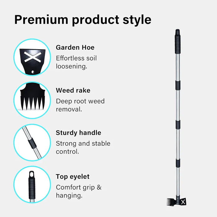 Weed Puller Tool with Long Handle, 148cm Weed Remover, 2-in-1 Gardening Hand Tools with Glove, Weeder Rake & Garden Hoe Combo, Manual Weeding Tool for Garden Yard Patio Lawn