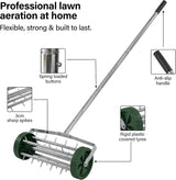 Rolling Lawn Aerator Roller with Steel Spikes, Heavy Duty Garden Soil Aerator, Manual Push Aeration Tool with 3 Piece Handle, 41x15x145cm - Green