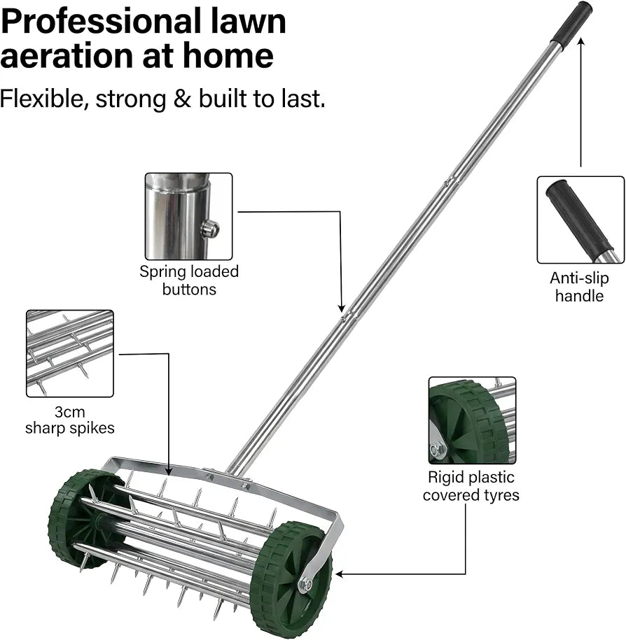Rolling Lawn Aerator Roller with Steel Spikes, Heavy Duty Garden Soil Aerator, Manual Push Aeration Tool with 3 Piece Handle, 41x15x145cm - Green