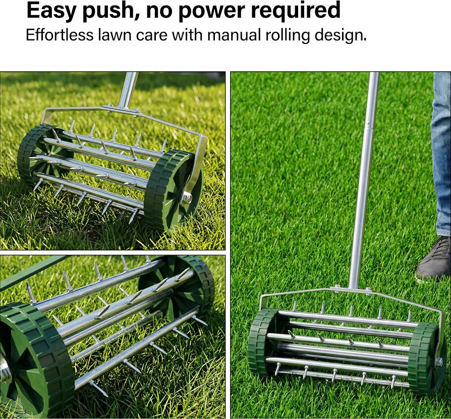 Rolling Lawn Aerator Roller with Steel Spikes, Heavy Duty Garden Soil Aerator, Manual Push Aeration Tool with 3 Piece Handle, 41x15x145cm - Green